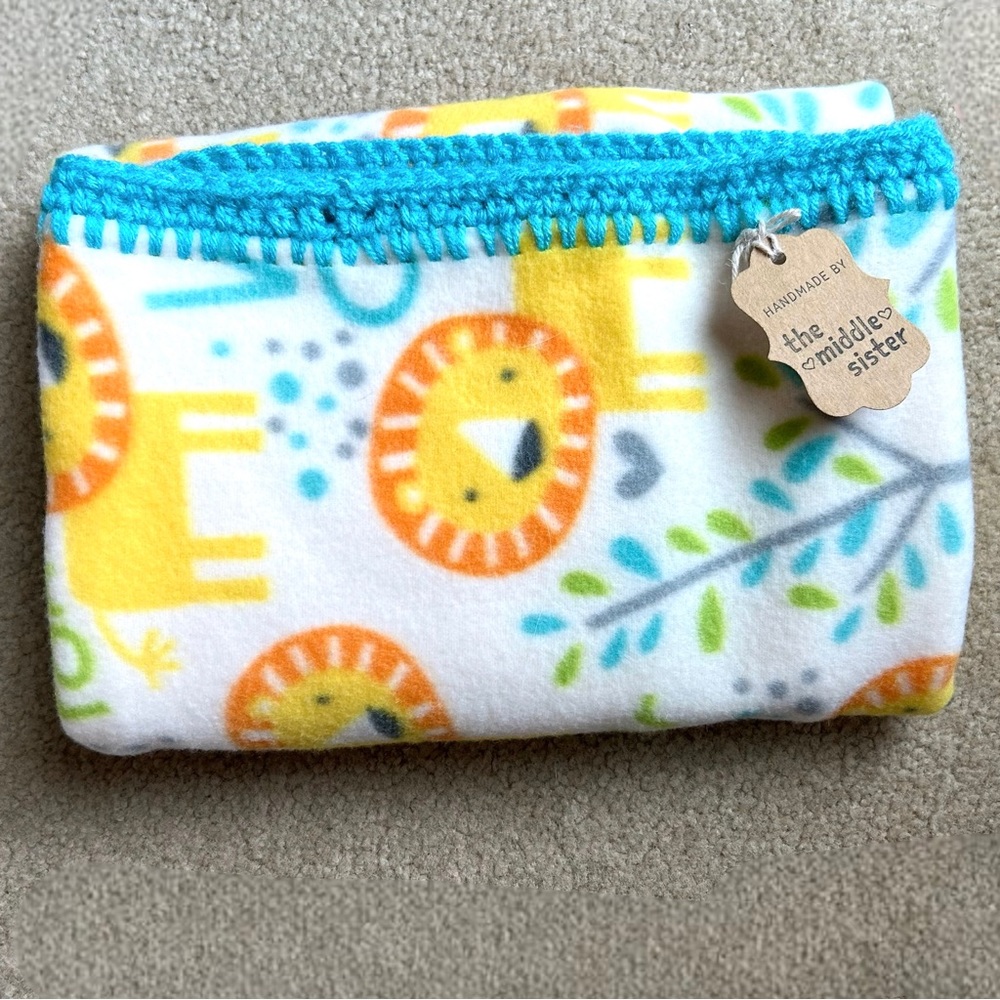 Handmade Baby Blanket 2-Ply Fleece Crochet Edging Lion Toddler Stroller Lovey